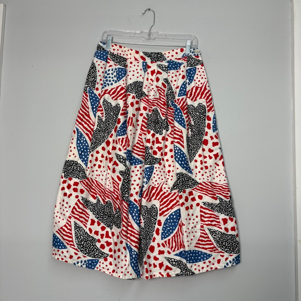 Vintage Worthington Red White Blue Abstract Geometric‎ Cotton Midi Skirt Size 16